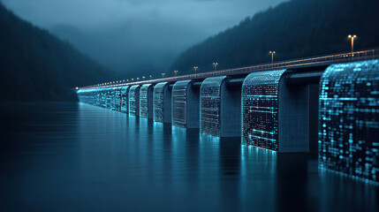 Poster - futuristic hydroelectric facility illuminated by blue lights, reflecting on calm water, surrounded by mountains and mist. serene night view creates tranquil atmosphere