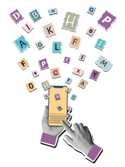 Poster - Black and white hands holding a phone while texting. Smartphone with flying letters. Modern photo collage style. Illustration on transparent background