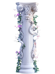 Poster - A digitally rendered image depicts an ornate marble column entwined with flowering vines, showcasing classical architectural design and natural beauty.