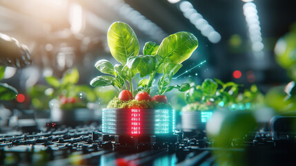 Poster - Futuristic food production with vibrant plants and tomatoes in high tech environment. This innovative setup showcases advanced agricultural technology and sustainability
