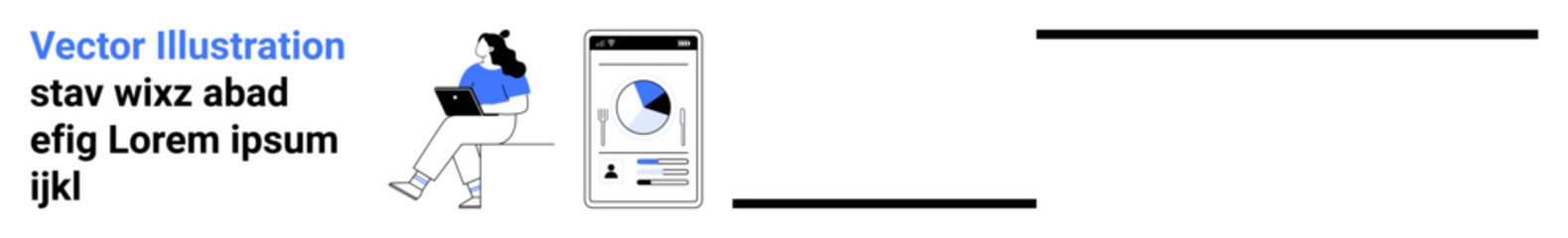 Poster - Woman sitting on a chair using a laptop adjacent to a smartphone illustrating data visualization with a pie chart and bar graph. Ideal for business, analytics, tech, productivity, presentations