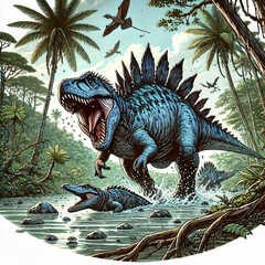 Wall Mural - art of Ankylosaurus defending itself from a predator in a prehistoric swamp, digital comics style, highly detailed, masterpiece, no word or alphabet, Dinosaur tshirt design.