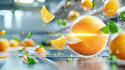 Poster - vibrant orange fruit surrounded by slices and leaves, showcasing dynamic quality control system in modern setting. scene captures freshness and innovation in fruit processing
