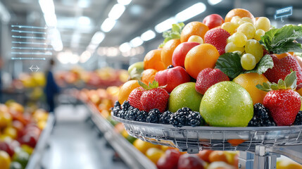 Aufkleber - vibrant display of assorted fruits in quality control system, showcasing strawberries, apples, oranges, and grapes. scene captures freshness and variety of produce in modern facility