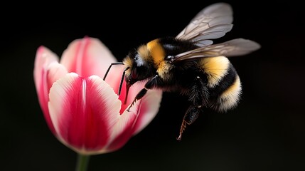 Wall Mural - Close-up of a bumblebee pollinating a pink tulip in a serene garden setting