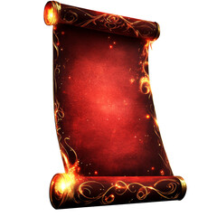 Aufkleber - A digitally rendered image depicts a fiery red scroll adorned with golden embellishments and glowing particles.