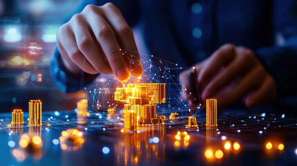 Poster - Innovative engineer manipulating digital models of buildings with glowing elements, showcasing advanced technology and creativity in urban design