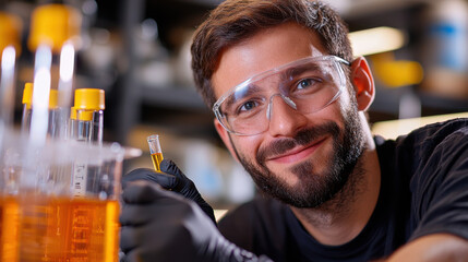 Aufkleber - smiling engineer in safety goggles conducts test in laboratory, showcasing vial of liquid. environment is filled with scientific equipment and glassware