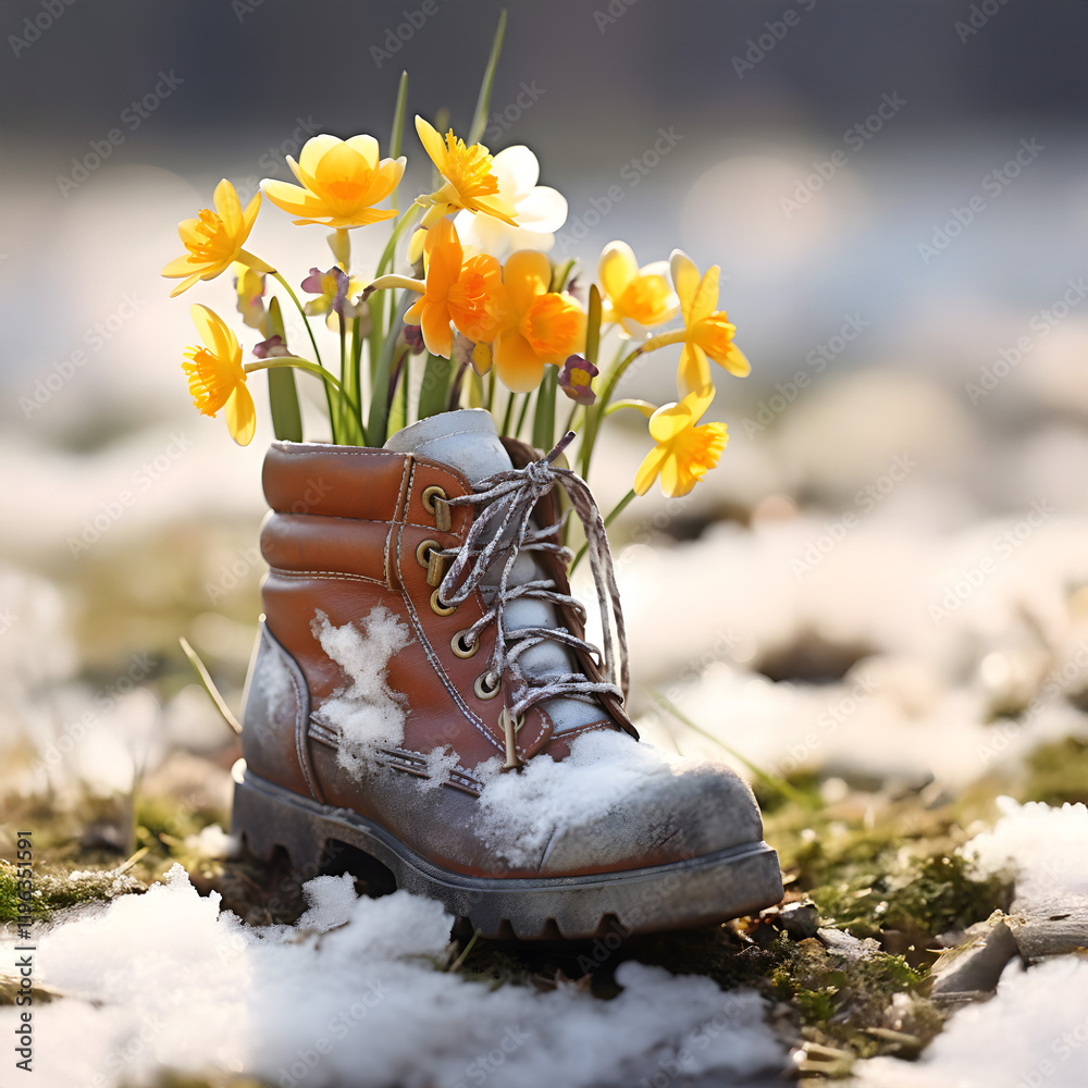 Boots with spring flowers on a meadow with grass growing through the ...