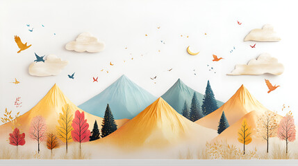 Wall Mural - The mural features a light background, colorful golden mountains, birds, trees, and a moon in the sky, and clouds in the sky.