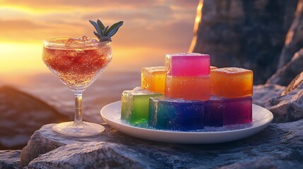 Wall Mural - A plate of Rainbow colored jelly with a cocktail beside it set against a famous stone structure