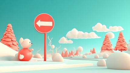 3d red sign in snowy landscape, vibrant contrast of color and texture in winter scene