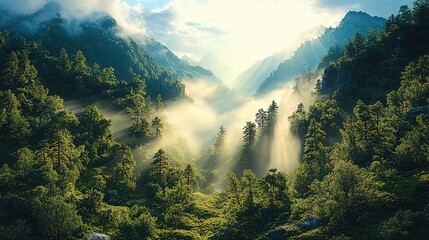 Poster - A dense forest covering steep mountain slopes, with sunlight breaking through the canopy and creating dappled patterns on the ground. The sky above is bright and clear.