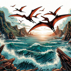 art of Pterodactyls soaring over a prehistoric ocean with rocky cliffs and crashing waves, digital comics style, highly detailed, masterpiece, no word or alphabet. Bird dinoasur tshirt design.