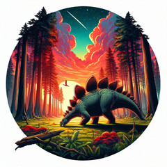 art of Stegosaurus grazing in a field with a dramatic sunset and towering redwoods, digital comics style, highly detailed, masterpiece, no word or alphabet, Dinosaur tshirt design. Tshirt design