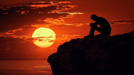 Poster - A man leans thoughtfully on a rugged rock, silhouetted against a breathtaking sunset. The sky bursts with warm hues as the sun descends over tranquil waters, inviting introspection
