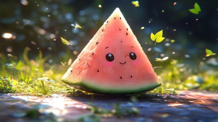 Canvas Print - Cute watermelon slice with happy cartoon eyes, sitting in grass, surrounded by sunlight and small leaves.