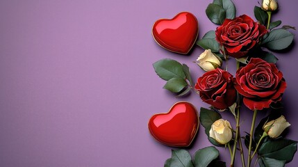 Poster - Valentine theme, minimal and elegant, A roses and red heart on purple background. top down view.