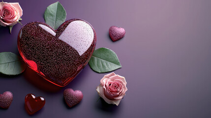 Poster - Valentine theme, minimal and elegant, A roses and red heart on purple background. top down view.
