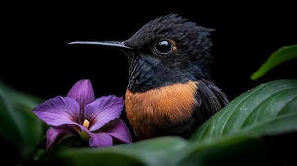 Wall Mural - Close-up of a vibrant hummingbird perched beside a purple flower amidst lush green foliage