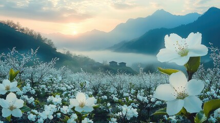 Poster - In a remote mountain village, there is a vast white plum blossom forest and a misty mountain range. with soft golden sunlight, casting dramatic light and shadow on the snow-white plum blossoms.