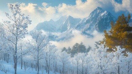 Poster - In a remote mountain village, there is a vast white plum blossom forest and a misty mountain range. with soft golden sunlight, casting dramatic light and shadow on the snow-white plum blossoms.