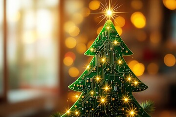 Poster - Abstract glowing circuit board Christmas tree with golden lights.