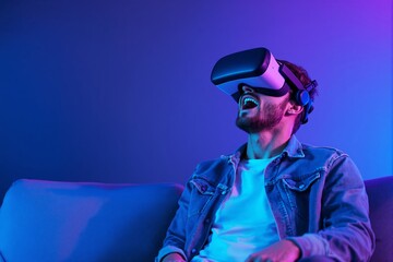 Poster - Man enjoying virtual reality headset experience in vibrant lighting background.