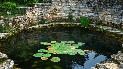 Wall Mural - A tranquil pond with lily pads floating on the surface surrounded by ancient stone walls