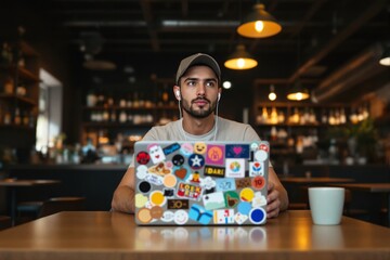 Aufkleber - Young man working on a laptop covered in colorful stickers in a cozy cafe setting at night.