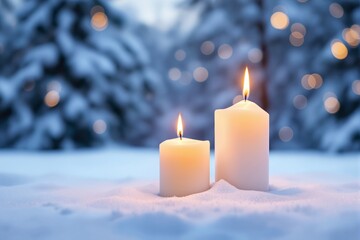 Poster - Two glowing candles on snow with blurred winter background and bokeh lights.