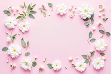 Poster - White flowers and green leaves arranged on pink background, creating a decorative floral frame.