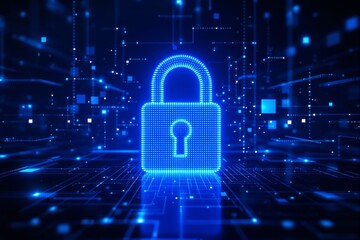 Poster - Blue digital padlock with glowing pixels on a futuristic tech background, symbolizing cybersecurity, data protection, and technology.