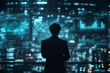 Aufkleber - man is looking at a computer screen with a lot of numbers and graphs. Concept of focus and concentration as the man studies the data displayed on the screen