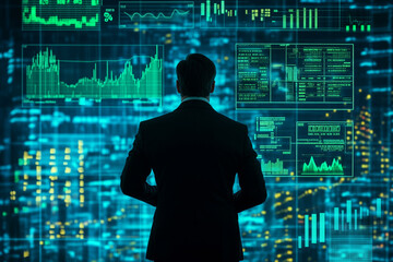 Aufkleber - man in a suit stands in front of a computer monitor displaying various graphs and numbers. Concept of focus and concentration as the man looks at the data displayed on the screen