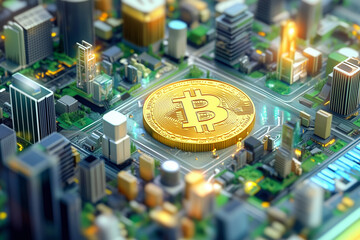 Aufkleber - large golden coin with the letter B on it is placed in the middle of a city. The city is filled with buildings and streets, and the coin is surrounded by a green area