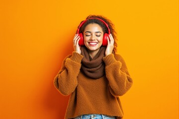 Wall Mural - Woman in cozy sweater enjoying music with red headphones against vibrant orange background.