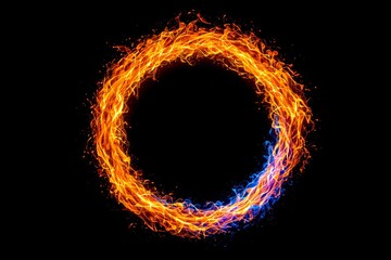 Poster - Abstract fiery circular pattern of orange and blue flames on black background.