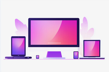 Poster - computer monitor, laptop, and tablet are displayed on a table. The monitor is purple and the laptop is white. The display of devices creates a sense of productivity and organization