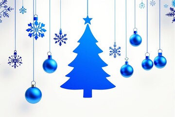 Poster - Blue Christmas tree with ornaments and snowflakes on a white background.