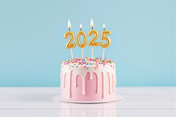 Poster - Festive pink cake with white frosting, golden 