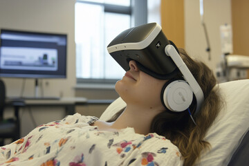 Poster -  woman wearing a virtual reality headset is laying on a bed. The room has a computer monitor and a TV