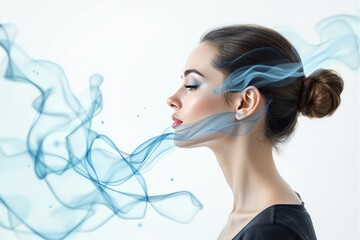 Poster - Elegant profile of a woman with blue swirling smoke on white background.