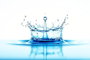 Poster - Close-up of a vibrant water splash forming a crown shape on a polished surface with a white background.