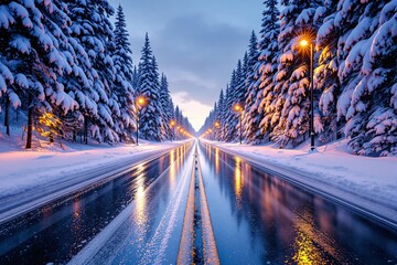 Poster - Snowy road lined with streetlights and tall pine trees reflecting on icy surface.