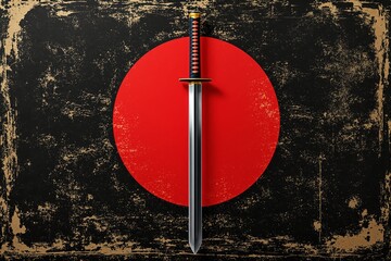 Poster - Katana on Red Circle with Textured Black and Gold Background.