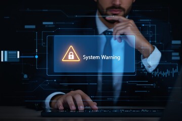 Poster - Cybersecurity warning interface with businessman in dark background.