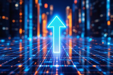 Poster - Neon arrow pointing upward in futuristic digital cityscape background, symbolizing growth and progress.
