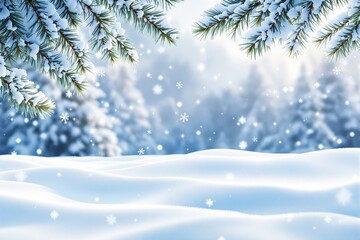 Poster - Snow-covered landscape with pine branches and falling snowflakes on a blurred winter background.