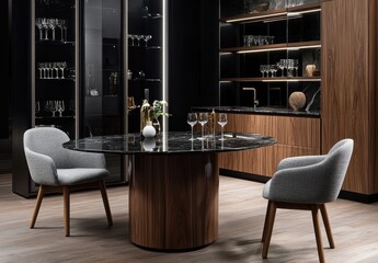 A kitchen with black marble and oak wood, featuring an island table in the center of which are placed two chairs made from gray fabric